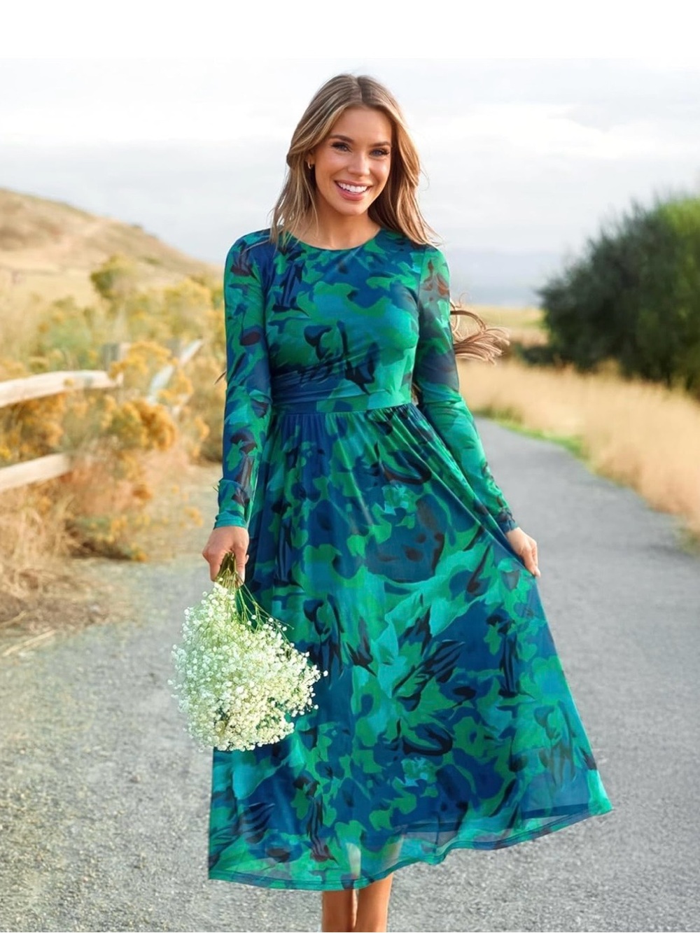 Sculpted Waist Long-Sleeve Blue Green Print Maxi Dress (Like New) - Picture 3 of 5